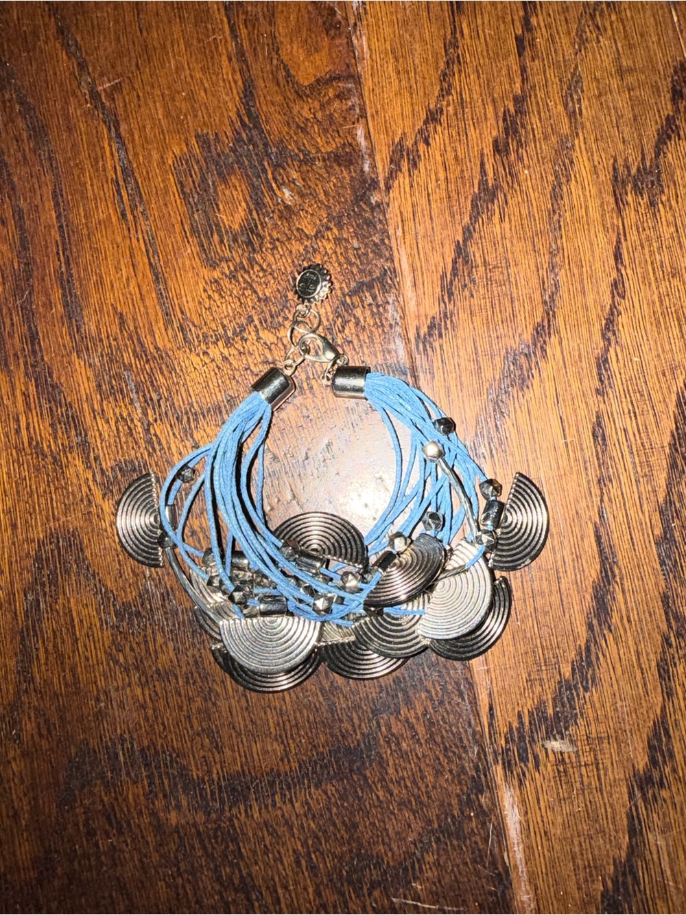Multi-Strand Blue Cord Bracelet w/ Silver Disc Charms vintage eclectic bracelet